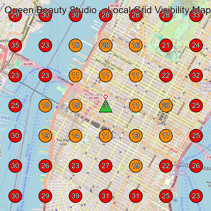 Queen Beauty Studio GeoGrid visibility map for Beauty Salon in New York